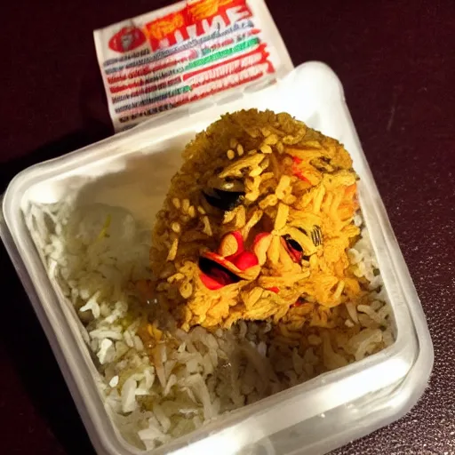 Image similar to dwayne the rock johnson wwe action figure submerged in fried rice, chinese takeout food photo