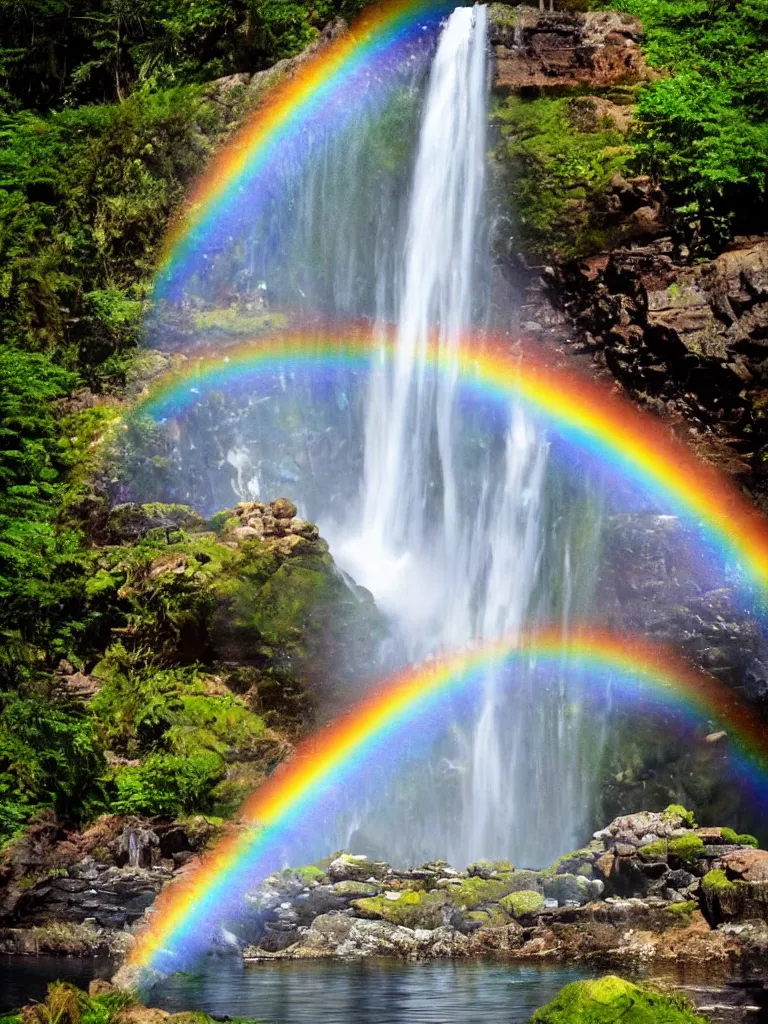 Image similar to artdeco of waterfall cascading onto rocks, small rainbow emerging in background, ethereal, beautiful scenery, detailed, amazing, glitter