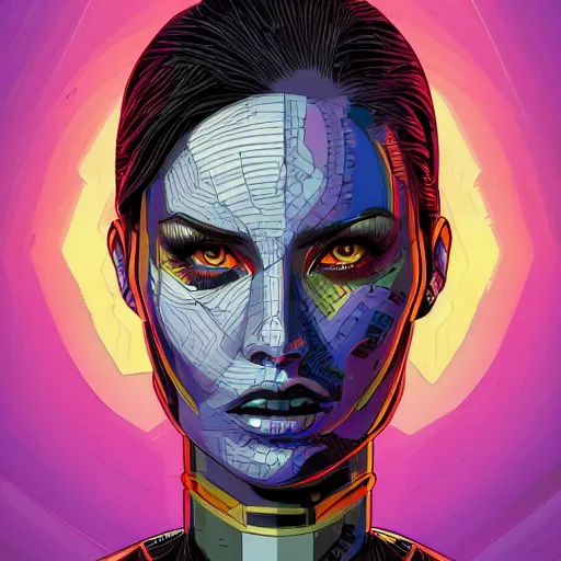 Prompt: a portrait of a female android, by Dan Mumford and Sandra Chevrier, 8k