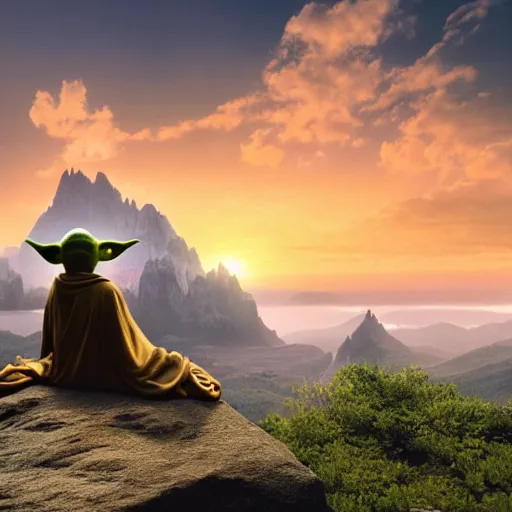 Image similar to yoda meditating on top of a mountain at sunrise, movie still, 4k