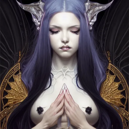 Image similar to Portrait of an Immortal Astral Succubus with platinum black hair as 2B, asian, D&D, fantasy, intricate, elegant, highly detailed, digital painting, artstation, concept art, matte, sharp focus, illustration, art by Artgerm and Greg Rutkowski and Alphonse Mucha