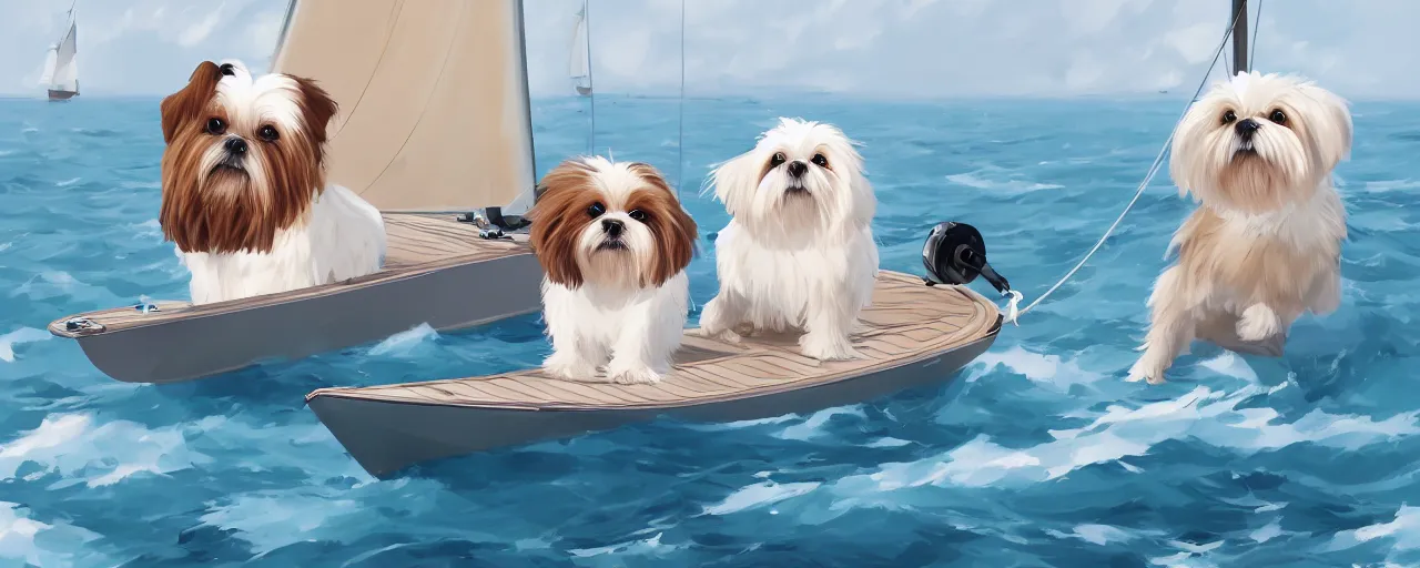 Prompt: a cream - colored havanese dog and shih tzu, sailing on an america's cup boat, hydrofoil, atey ghailan, goro fujita, studio ghibli, rim light, exquisite lighting, clear focus, very coherent,