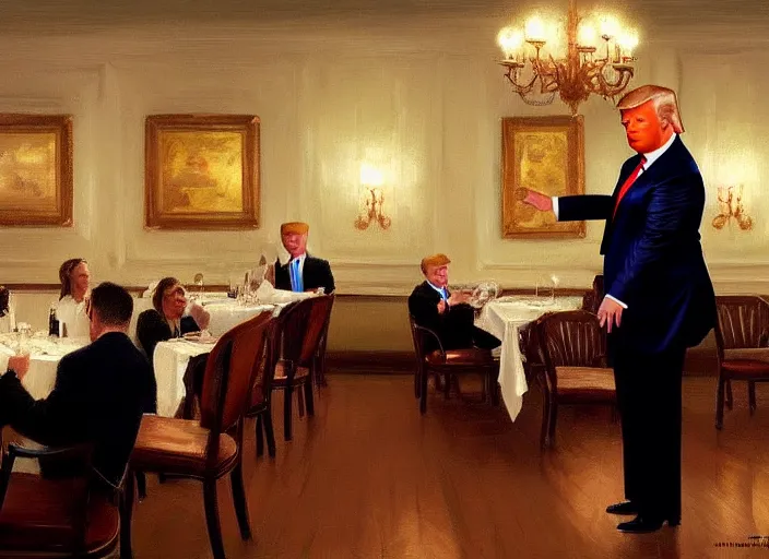 Prompt: donald trump working as a waiter, waiting on a table, matte painting, extreme detail, trending on artstation, by isaac levitan and asher brown durand,