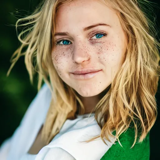 Image similar to Portrait Photography closeup of a Blonde Girl, Young Beautiful Face, Green Eyes, Freckles, Wearing a white crop-top and jeans, with a subtle smile, Epic, Charming, Character, trending on 500px