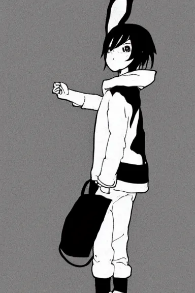 Prompt: attractive little boy wearing an bunny suit, black and white artwork in manga style, made by makoto shinkai