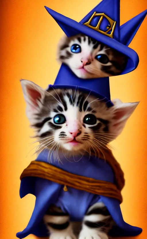 Prompt: a kitten wearing wizard robes and wizard hat, dungeons and dragons character art, dnd, character reveal, magic, posing, noble, full body portrait, high resolution, detailed, inspiring, award - winning, clear, crisp, sharp