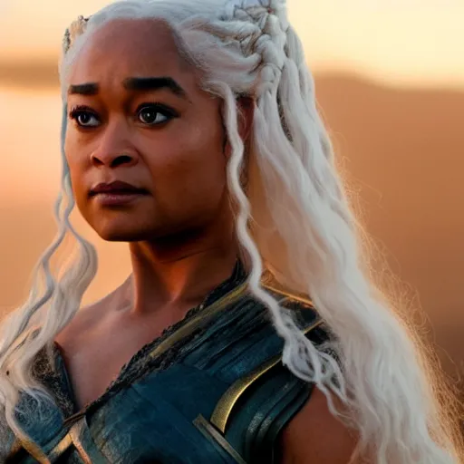 Image similar to tatyana ali as daenerys targaryen golden hour cinematic