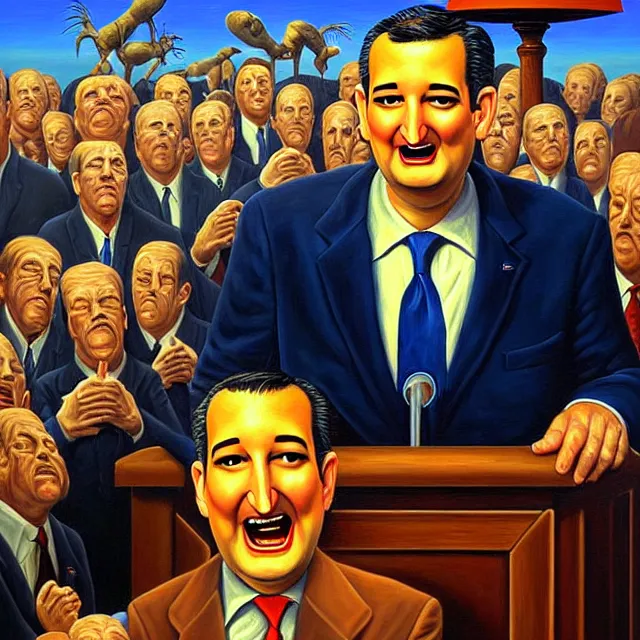 Image similar to an oil on canvas portrait painting of ted cruz doing a speech about the republican party, surrealism, surrealist, cosmic horror, rob gonsalves, high detail