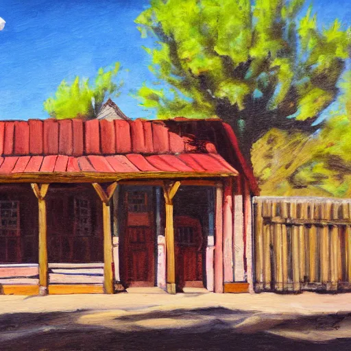 Prompt: painting of a rustic exterior in old western town