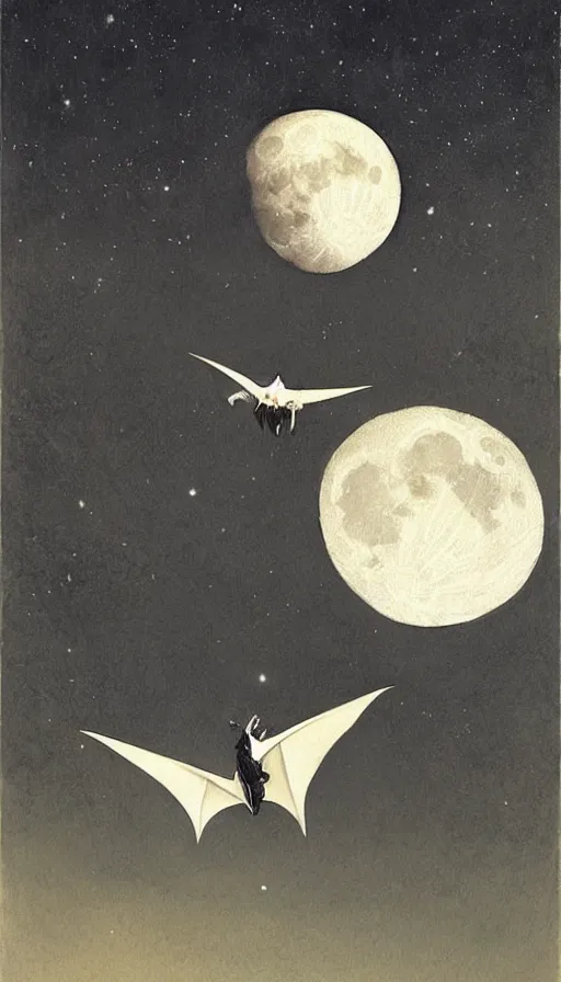 Image similar to a white bat, flying against a black night sky, mountain in the background, moonlight, denoised, very detailed, painted by james gurney, norman rockwell, tom bagshaw