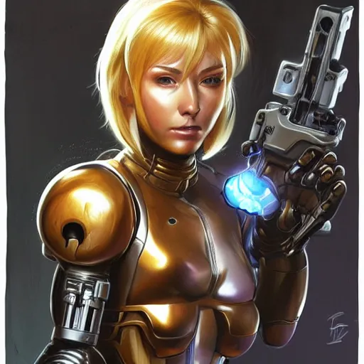 Image similar to samus aran with a terminator t - 8 0 0 metallic skull face, highly detailed, digital painting, artstation, concept art, matte, sharp focus, illustration, art by artgerm and greg rutkowski and alphonse mucha