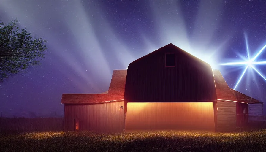 Prompt: a ufo emitting a beam of light floats over a barn with a broken roof, debris is ascending toward the ufo, volumetric lighting, night, photorealistic rendering, color palette, 8 k, hyperdetailed