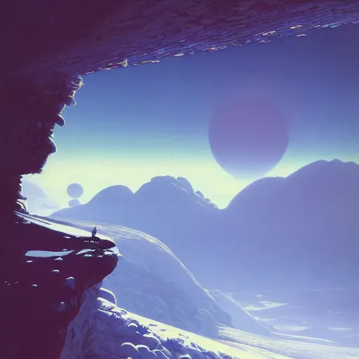 Image similar to Frozen frontiers on an alien planet, floating mountains above clouds in the background, vanishing perspective of a road, ravine, Syd Mead, John Harris, Federico Pelat,