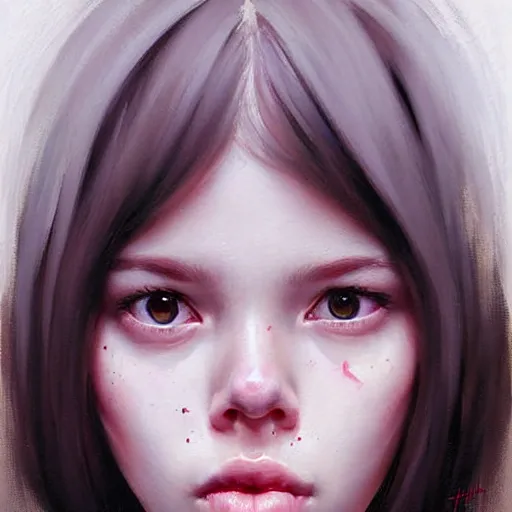 Image similar to Facial portrait of a pretty young cute girl, looking at the camera, slight awkward smile, lips slightly parted, no hands visible, extremely detailed painting by Greg Rutkowski and by Steve Henderson and by Harumi Hironaka