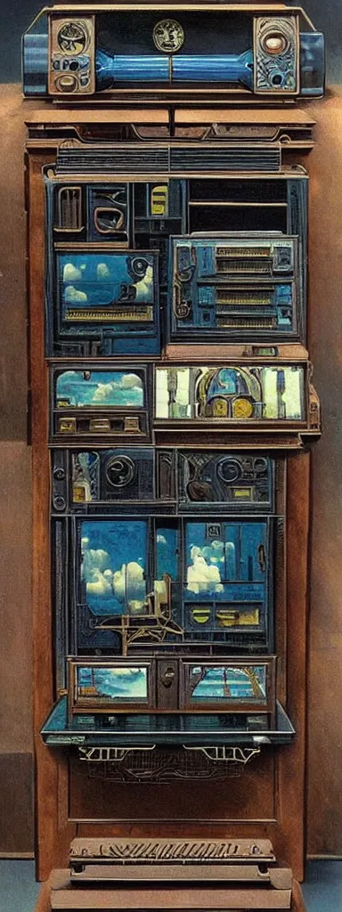 Image similar to An intricate steampunk computer painted by Rene Magritte