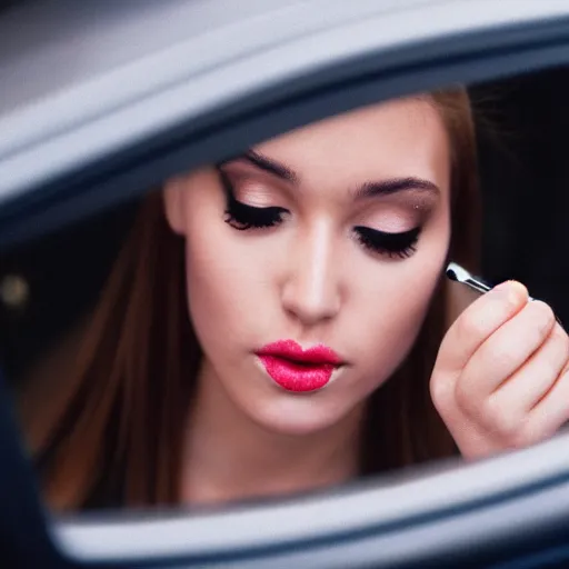 Prompt: a close - up of young woman looking in rear view mirror doing makeup, applying lipstick, photorealistic, hyperrealism, high resolution, ultra - detailed, k 4, kodak portra 4 0 0