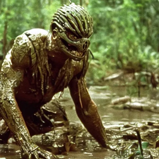 Prompt: cinematic still of frank sinatra, covered in mud and watching a predator in a swamp in 1 9 8 7 movie predator, hd, 4 k