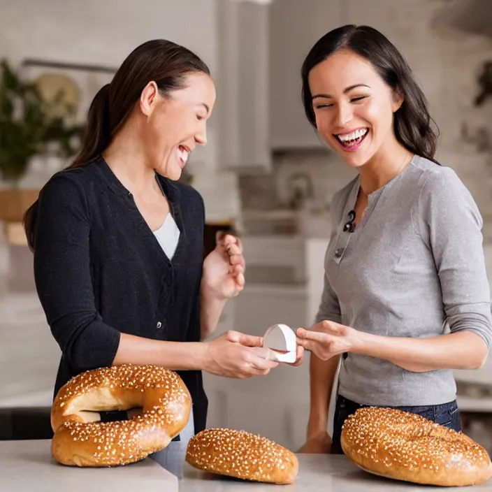 Image similar to a woman that is extremely happy about a young woman receiving her new bagel slicer from the future in the mail from amazon, 8 k,