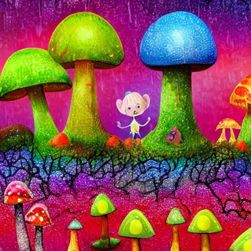 Prompt: a bright magic forest, with multicolored mushrooms and forest creatures dancing in the rain