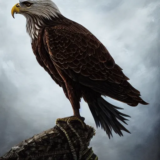 Image similar to A extremely detailed painting of a eagle with night vision goggles on its eyes, standing bird, sharp claws, cloudy, midnight, smoke, ultra high detail digital art, trending on Artstation, unreal engine