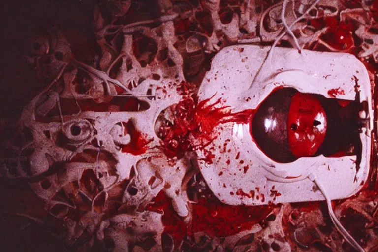 Prompt: filmic wide shot dutch angle movie still 35mm film color photograph of a doctor with his face completely torn off, eyeballs hanging out of his skull, drenched in blood lying on his back on a science lab floor in the style of a 1982 horror film