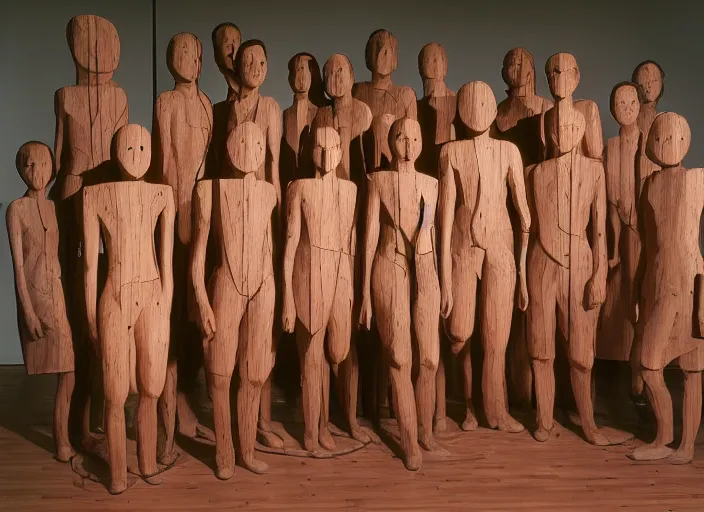 Image similar to realistic photo portrait of the a sculpture of a group portrait of students made of wood, poorly designed in style of arte povera, fluxus, dadaism, joseph beuys, ugly standing in the wooden polished and fancy expensive wooden museum interior room 1 9 9 0, life magazine reportage photo