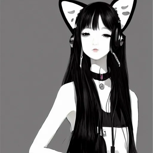 Prompt: realistic beautiful gorgeous natural cute Blackpink Lalisa Manoban black hair cute fur black cat ears, wearing white camisole, headphones, black leather choker artwork drawn full HD 4K highest quality in artstyle by professional artists WLOP, Taejune Kim, Guweiz on Artstation Pixiv