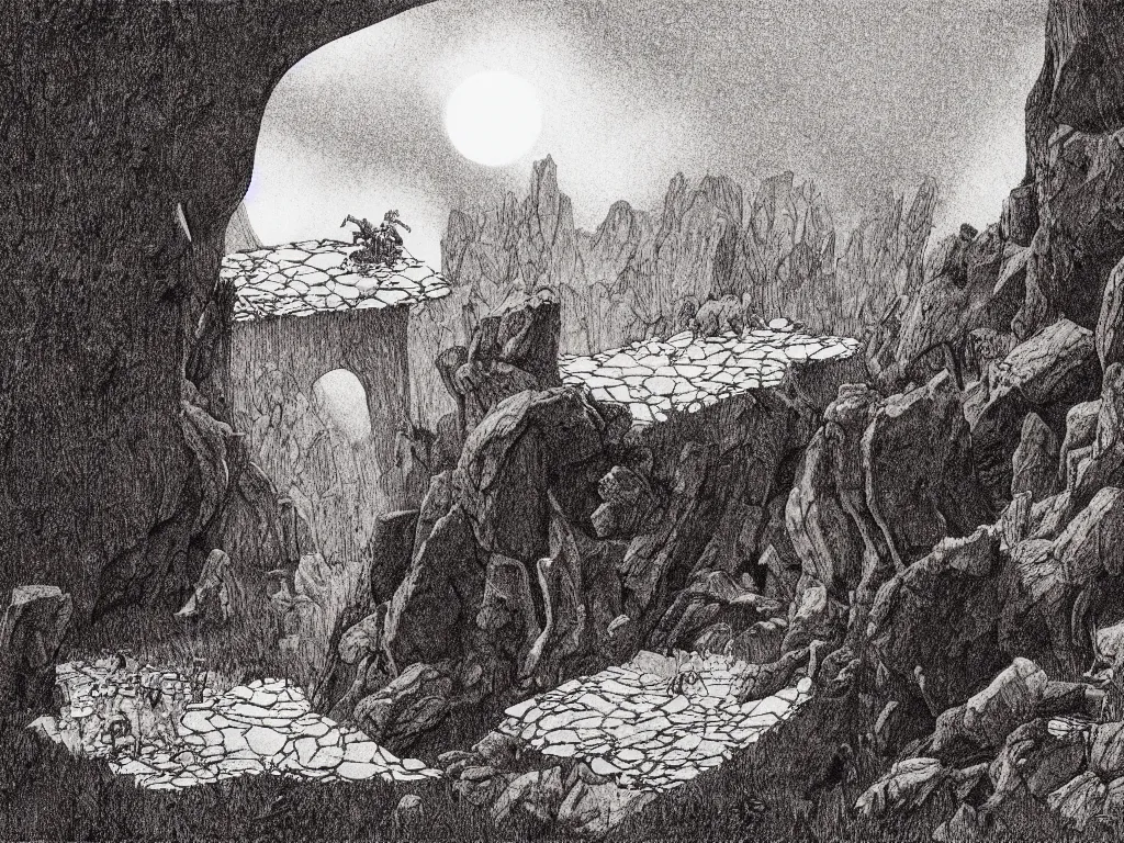 Image similar to landscape, limbo, sulfur, cavern, photorealism, 4 k, highly detailed, elaborate, octane render, by maurice sendak, edward gorey, charles addams,