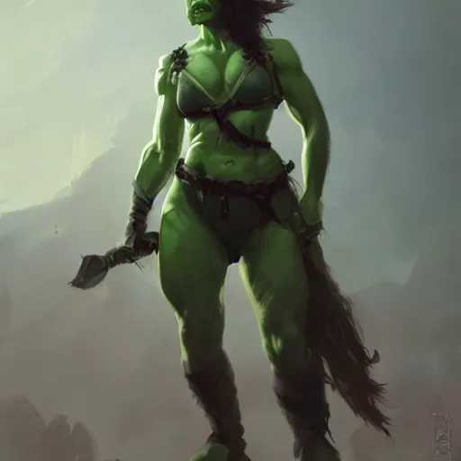 Image similar to a full character portrait of a toned physique green orc woman with a ponytail in full plate armor, by greg rutkowski, wlop, trending on artstation