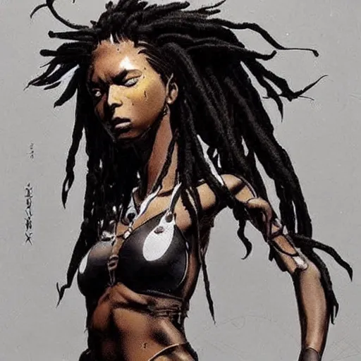 Prompt: beautiful dark - skinned woman with dreadlocks, yoji shinkawa