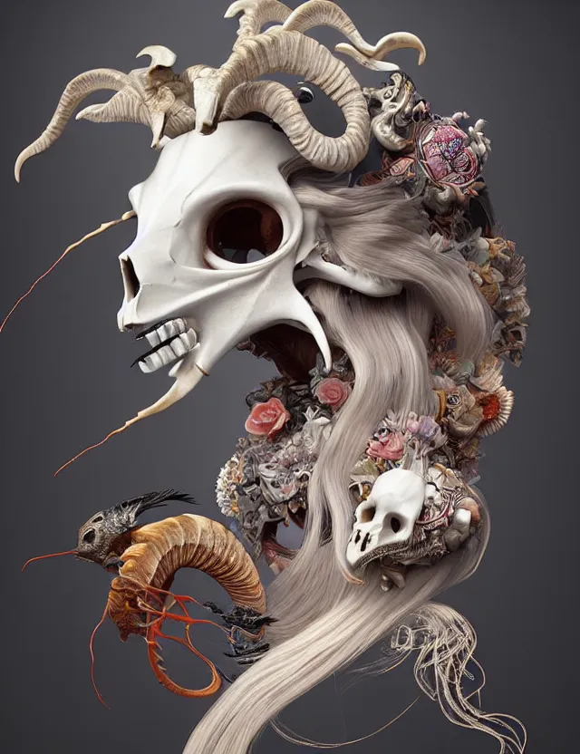 Image similar to 3 d goddess goat skull half - turn portrait with long hair with ram skull. beautiful intricately detailed japanese crow kitsune mask and clasical japanese kimono. betta fish, jellyfish phoenix, bio luminescent, plasma, ice, water, wind, creature, artwork by tooth wu and wlop and beeple and greg rutkowski