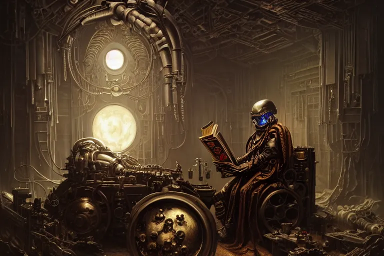 Image similar to Mechanicus Tech-Priest reading an old book, sci-fi, intricate, elegant, dramatic lighting, emotionally evoking symbolic metaphor, highly detailed, lifelike, photorealistic, digital painting, artstation, concept art, smooth, sharp focus, illustration, art by John Collier and Albert Aublet and Krenz Cushart and Artem Demura and Alphonse Mucha