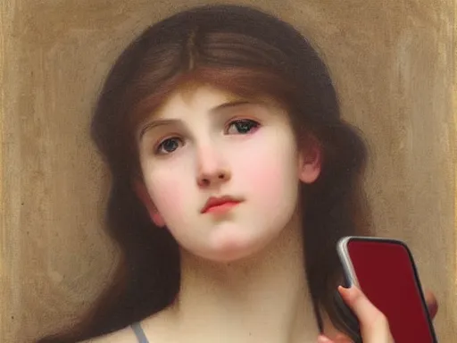 Prompt: teenage girl looking at her phone in the style of bouguereau, classic painting,