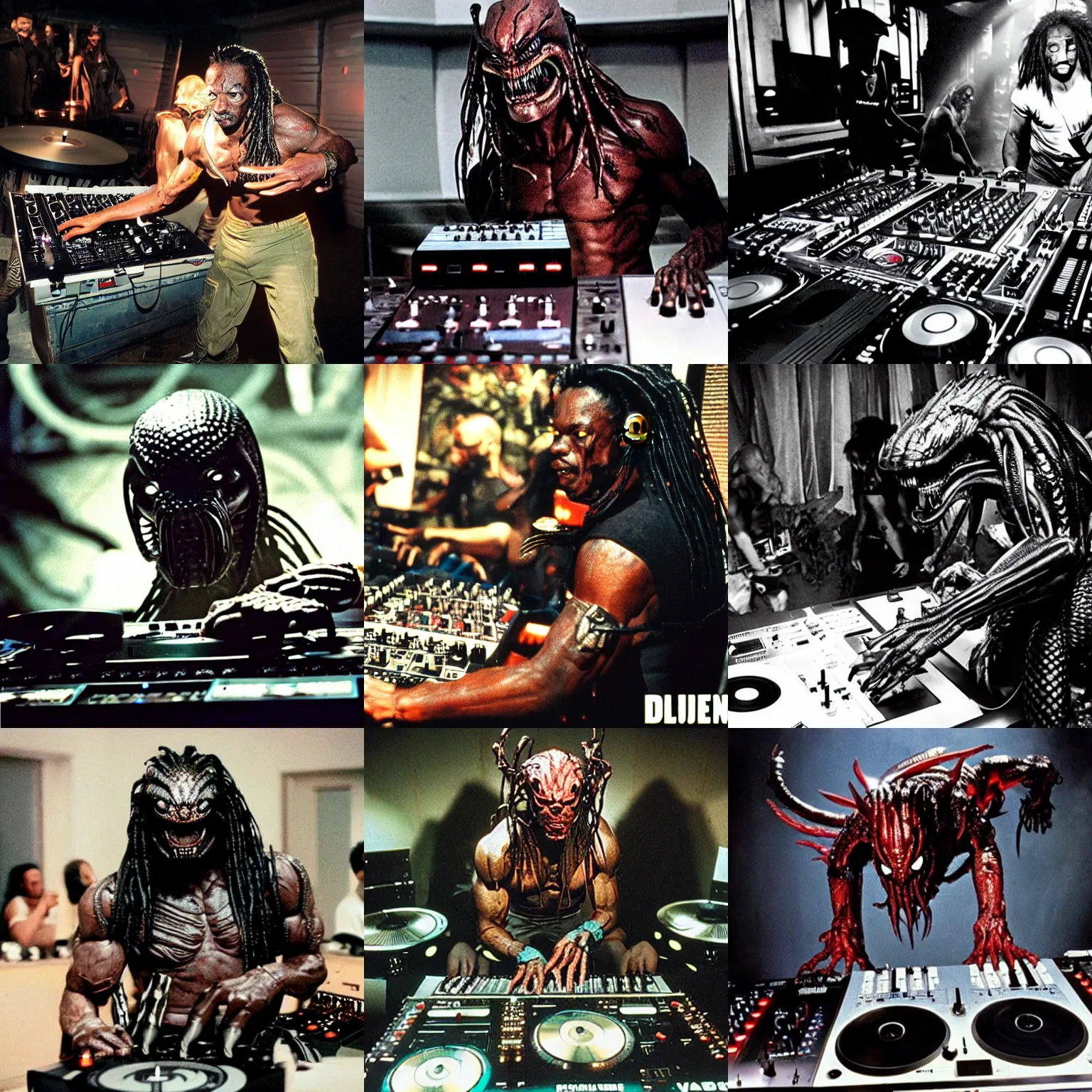 Prompt: predator movie alien DJing with DJ turntables, photoreal