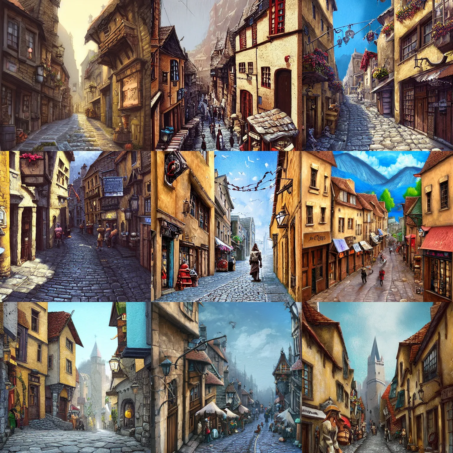 Prompt: a busy fantasy street looking down one street within a fascinating old city, quirky shops, narrow streets, old buildings, cobblestones on the ground, stone steps, street life, by Sylvain Sarrailh, single street, cinematic, simple but effective composition, clean lines, beautiful digital painting, oil painting, detailed, dungeons and dragons, lord of the rings, epic, stunning, gorgeous, much wow, masterpiece