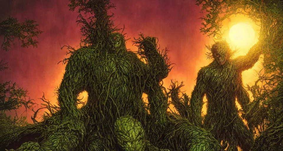 Image similar to Marvel Comics Man Thing Battles DC Comics Swamp Thing In A Misty Swamp, bats, sunset, volumetric lighting, hyperrealistic, beautiful details, HDR, octane render, action shot, wide angle, bokeh, Yasushi Niarasawa Moebius Jim Steranko Style