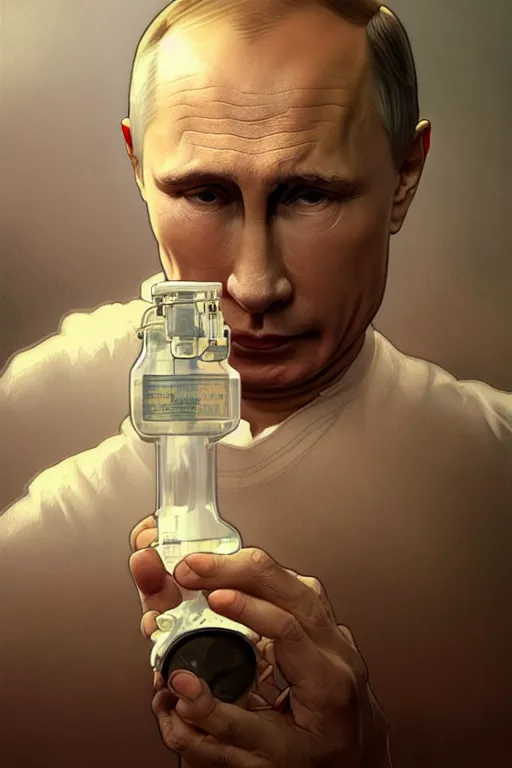 Image similar to Putin sleeps with oxygen mask on a death bed, intricate, portrait, miserable, highly detailed, digital painting, artstation, concept art, smooth, sharp focus, illustration, cinematic lighting, art by artgerm and greg rutkowski and alphonse mucha