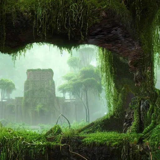 Prompt: a lost city in the jungle with vines and moss covering the ruins mysterious enigmatic unreal engine 4 k by iain mccaig and jan toorop
