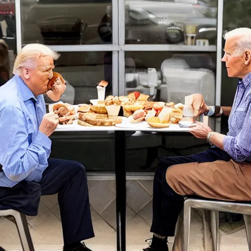 Image similar to photograph of trump and Biden sitting and eating breakfast at a Wafflehouse