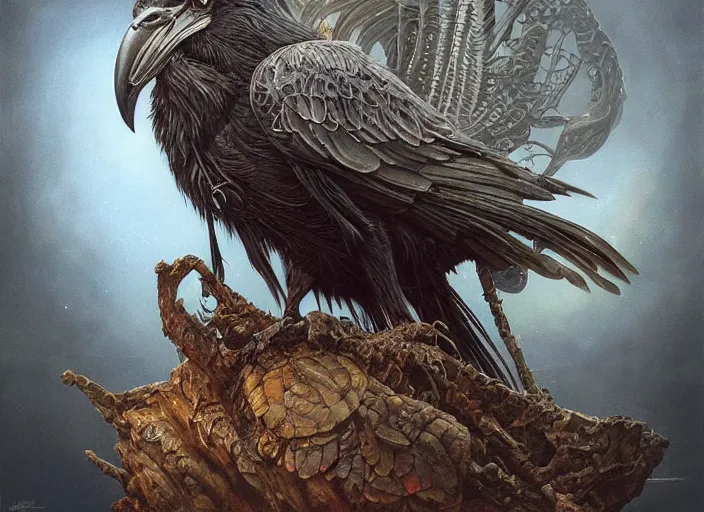 Prompt: an old hippie with raven wings, metal shiny feather skin. intricate, elegant, highly detailed, centered, digital painting, artstation, concept art, smooth, sharp focus, illustration, artgerm, tomasz alen kopera, peter mohrbacher, donato giancola, joseph christian leyendecker, wlop, frank frazetta