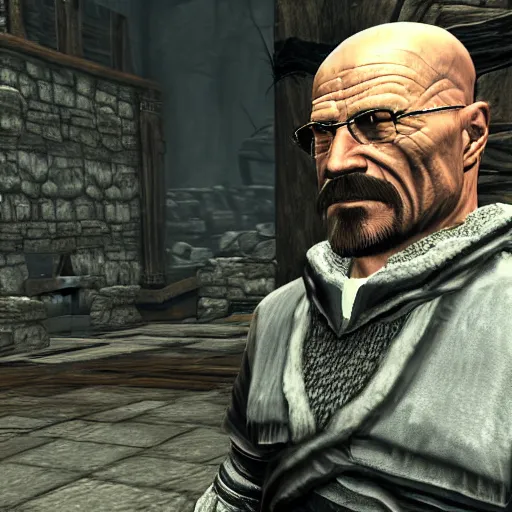 Image similar to Video game screenshot of Walter White as a guard NPC in the Elder Scrolls V Skyrim