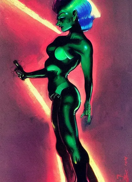 Image similar to female evil android, neon hair, glowing skin, strong line, saturated color, beautiful! coherent! by frank frazetta, high contrast, minimalism