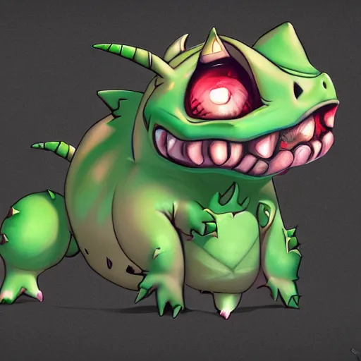 Image similar to terrifying aesthetic portrait of bulbasaur, nightmare, teeth, demonic, hyperrealistic, super cute, character design, artstation, 4 k, ultra detailed digital art