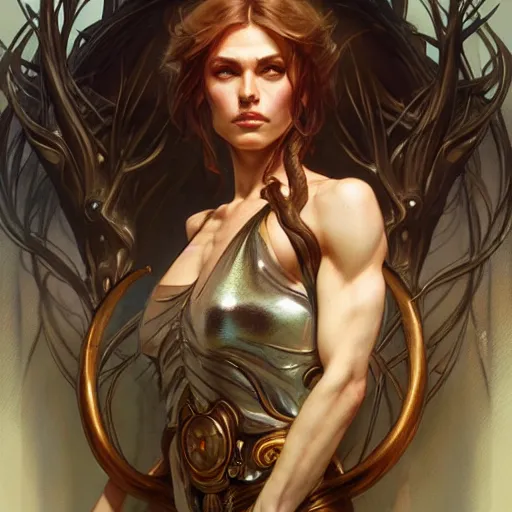 Image similar to portrait of forest gog, female, clear face, masculine, full body, muscular, fantasy, intricate, elegant, highly detailed, digital painting, artstation, concept art, matte, sharp focus, illustration, art by artgerm and greg rutkowski and alphonse mucha