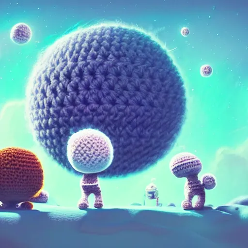 Image similar to an expedition of crochet astronauts discovering a new fluffy planet made out of yarn. cute, illustration, digital art, inspired by little big planet, by greg rutkowski, detailed, sharp, masterpiece, highly detailed, photorealistic, octane render, 8 k, unreal engine 5, trending on artstation