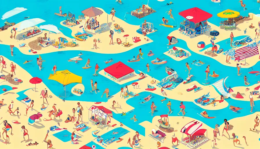 Prompt: a full page spread from the where's waldo at the beach book, isometric, waldo in the top right of frame, high detail illustration, coherent