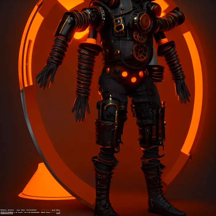 Prompt: a character in a futuristic room, black and orange steampunk armor, highly detailed, render, vray, octane, realistic lighting