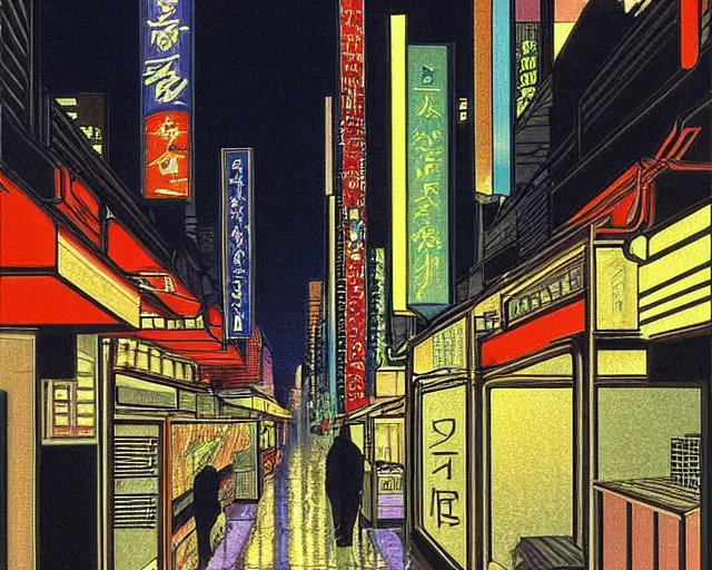 Prompt: cozy soft neon street with in a cyberpunk city on a rainy melancholy osaka night in 1 9 9 6 by de chirico
