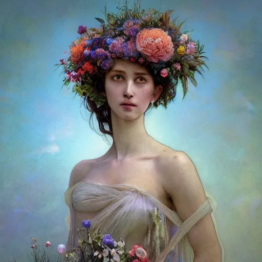 Prompt: A portrait of A beautiful!!!!! angel in a dress made of flowers by Greg Rutkowski and ((alphonse mucha)) and Zdzisław Beksiński,In style of digital illustration art,Rembrandt lighting,Ray tracing,hyper detailed,sharp focus,Soft light.4k,unreal engine 5,trending on artstation,oil on canvas