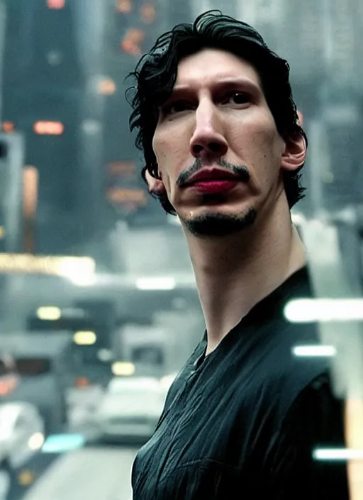 Image similar to adam driver as neo, matrix, city, lightning in the background